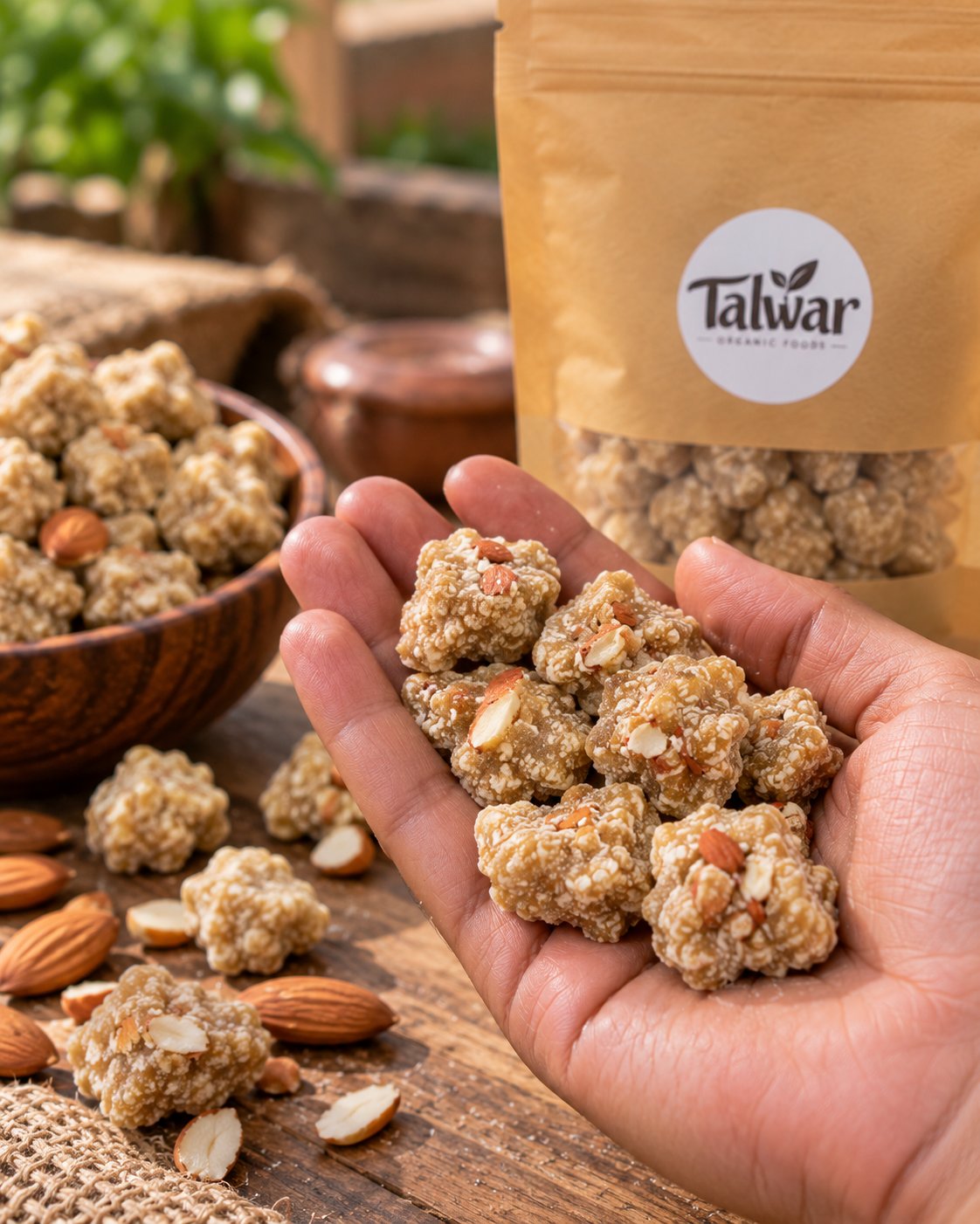 Hand holding organic dry fruit jaggery pieces