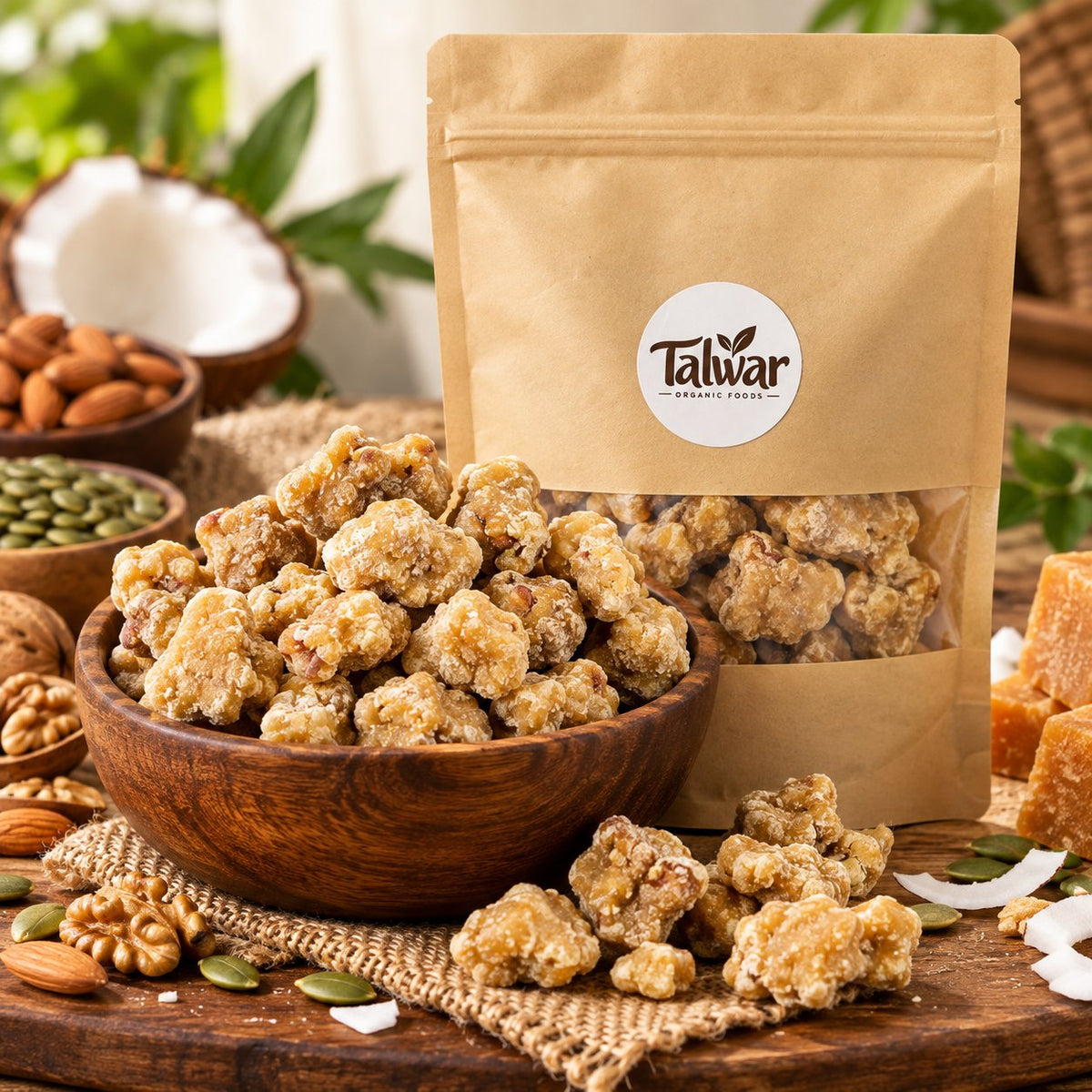 Organic dry fruit jaggery pieces in a wooden bowl with Talwar Organic Foods pouch