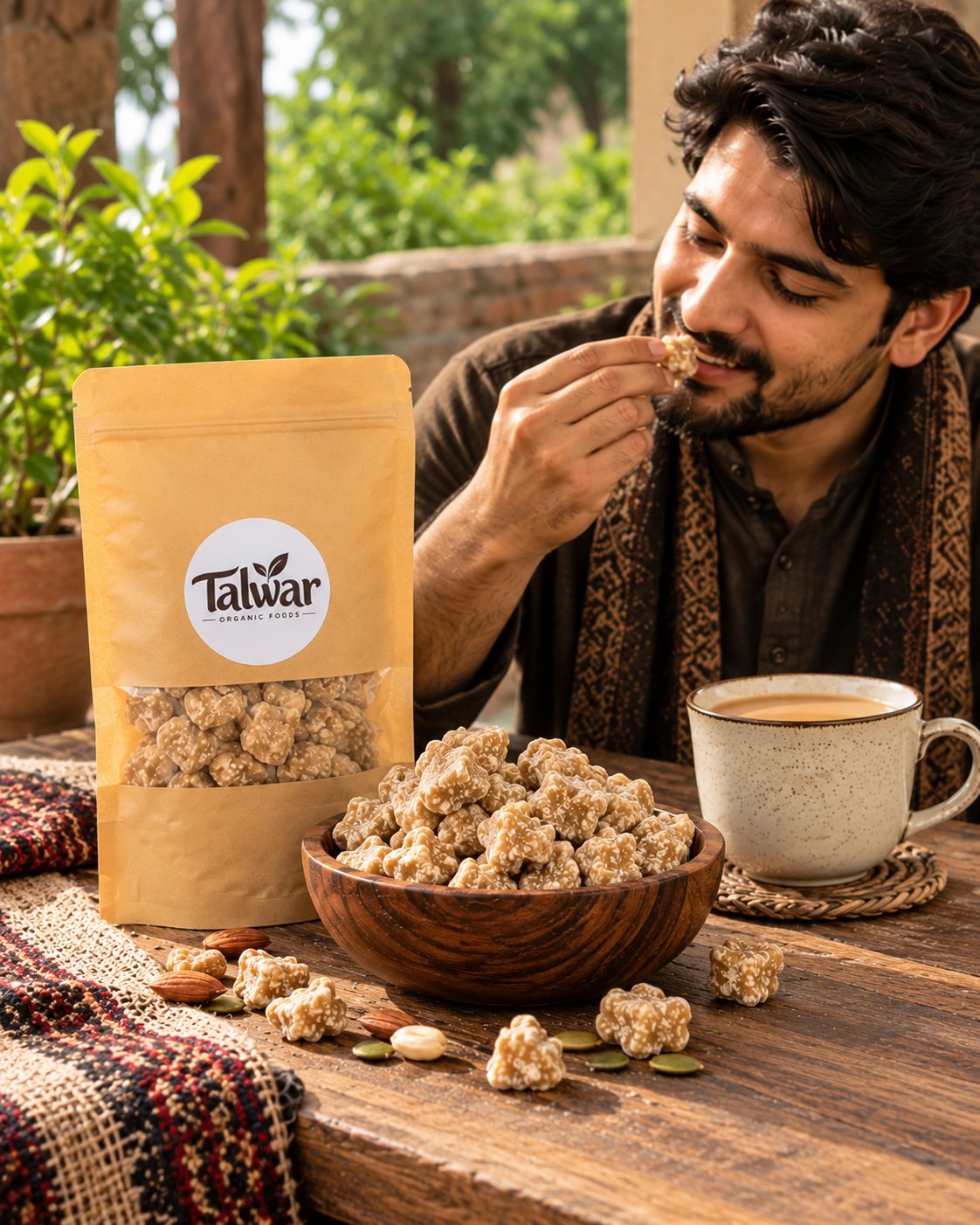Enjoying Talwar organic jaggery with chai