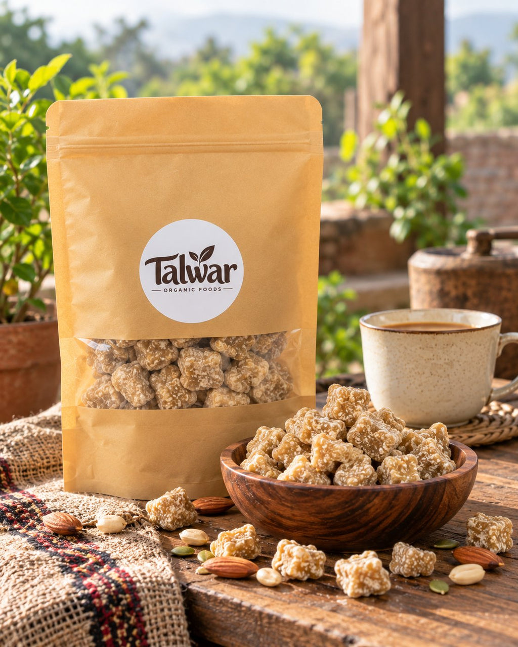 Talwar Organic Foods jaggery pouch with a bowl of jaggery and chai