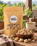Talwar Organic Foods jaggery pouch with a bowl of jaggery and chai