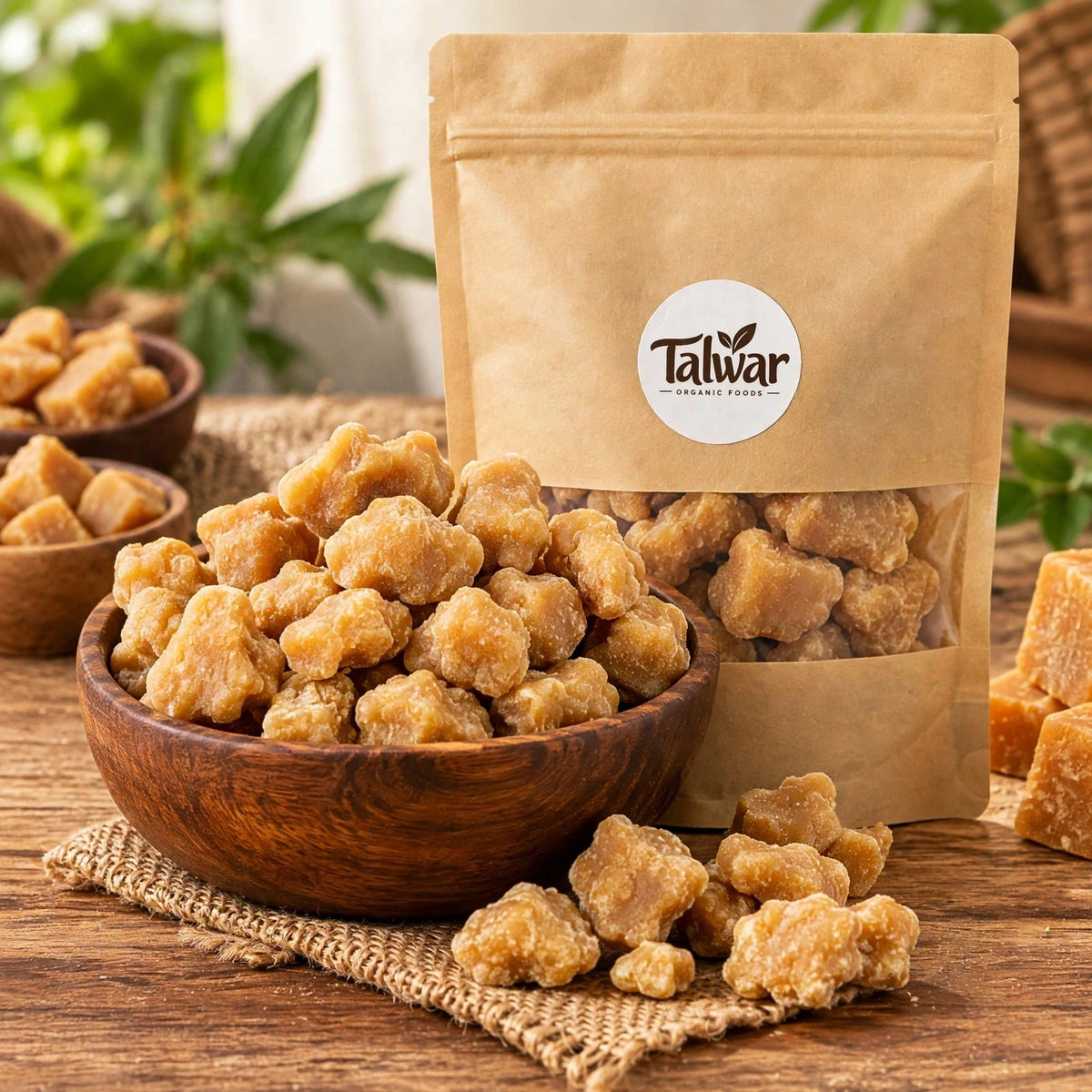 Organic plain jaggery in a wooden bowl with Talwar Organic Foods pouch