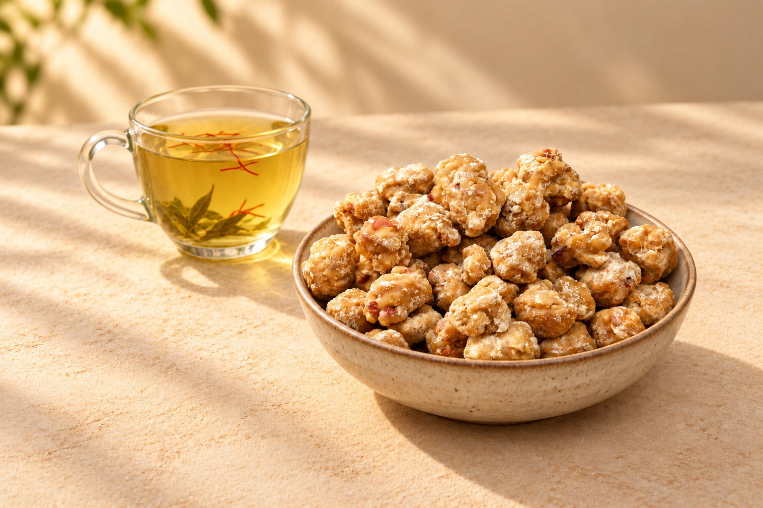 Dry fruit gur beside saffron green tea